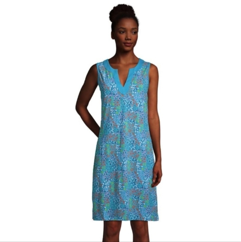Lands' End Women's Turquoise Floral Mini SleevelessDress Size S BeachSummer Vaca